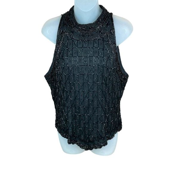 Papell Boutique Evening Halter Top Black Beaded Zipper Back 3 Clasp Closure XL - Picture 1 of 13
